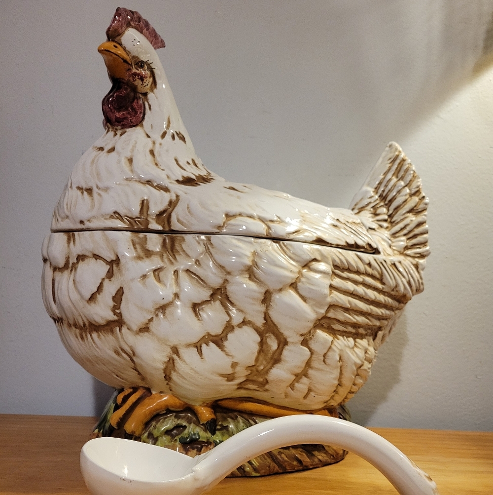 Rustic Ceramic Chicken Tureen - White and Brown